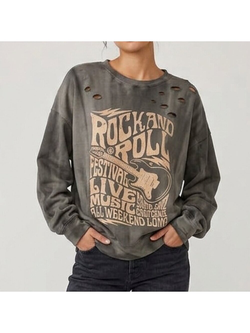 Blue Buttercup Rock and Roll distressed Tie Dye Crewneck Sweater size small